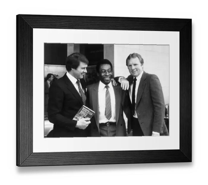 Framed Print : Pele teams up with old rivals Geoff Hurst left and Bobby Moore in London to promote Framed Print : Pele teams up with old rivals Geoff Hurst left and Bobby Moore in London to promote