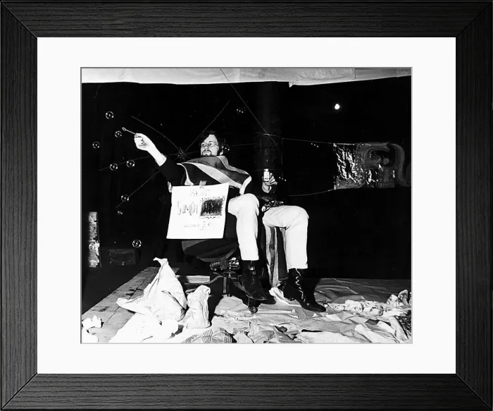 Framed Print : Roundhouse Happening Sale Psychedelic Simon for Rent man in chair blowing bubbles hippies
