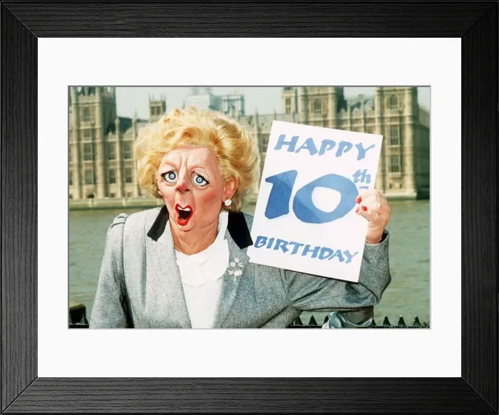 Framed Print : Margaret Thatcher MP Puppet holding up 10th Happy Birthday card. 1989 Framed Print : Margaret Thatcher MP Puppet holding up 10th Happy Birthday card. 1989