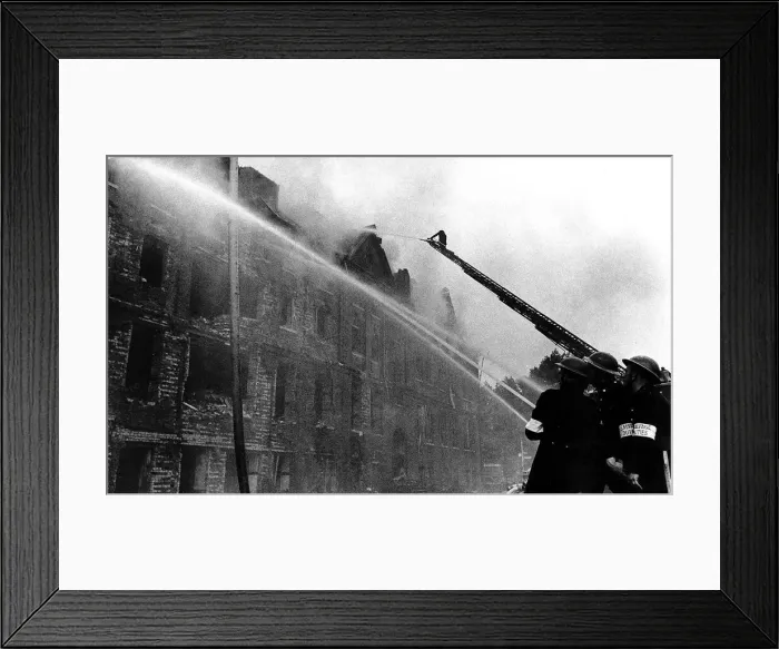 Framed Print : Firemen fight a fire in Camberwell New Road London after a German flying bomb attack Framed Print : Firemen fight a fire in Camberwell New Road London after a German flying bomb attack