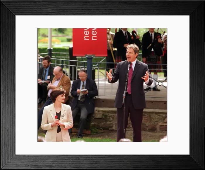 Framed Print : Labour Leader Tony Blair at Dumfries with wife Cherie Blair holding Red Rose