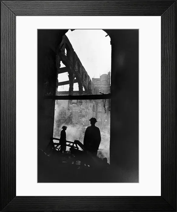 Framed Print : WW2 Air Raids Fireman Spraying Water On Burning Premises