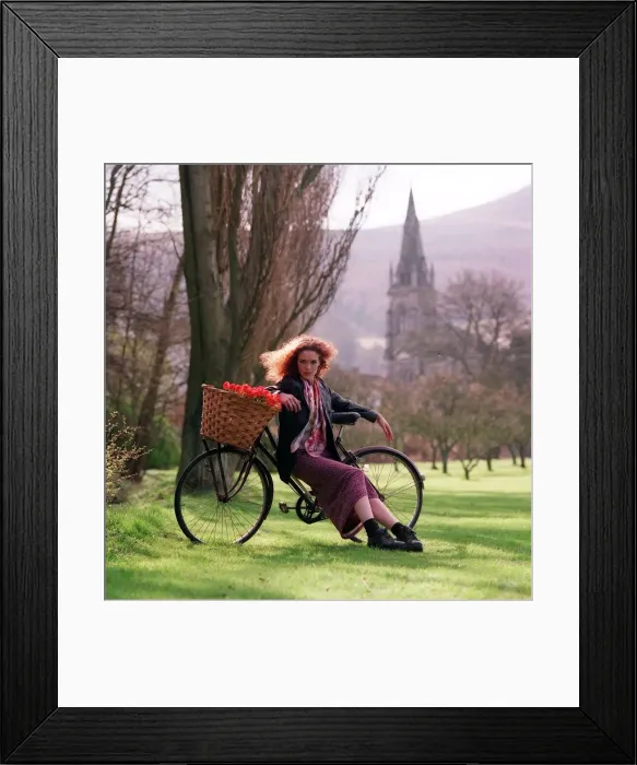 Framed Print : Flower power fashion feature 1998 girl in gardens country side bike basket trees Framed Print : Flower power fashion feature 1998 girl in gardens country side bike basket trees