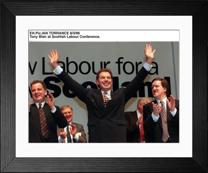 Framed Print : Tony Blair arms in the air looking triumphant, receiving applause Framed Print : Tony Blair arms in the air looking triumphant, receiving applause