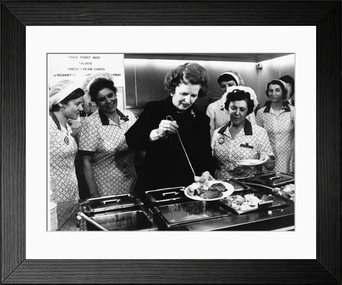 Framed Print : Margaret Thatcher Prime Minister takes her turn serving behind a staff canteen counter
