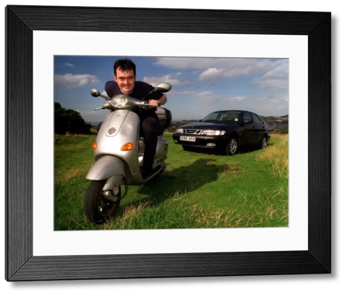 Framed Print : Grant Scott on a Vespa Scooter and Saab 9. 3 September 1998 Framed Print : Grant Scott on a Vespa Scooter and Saab 9. 3 September 1998