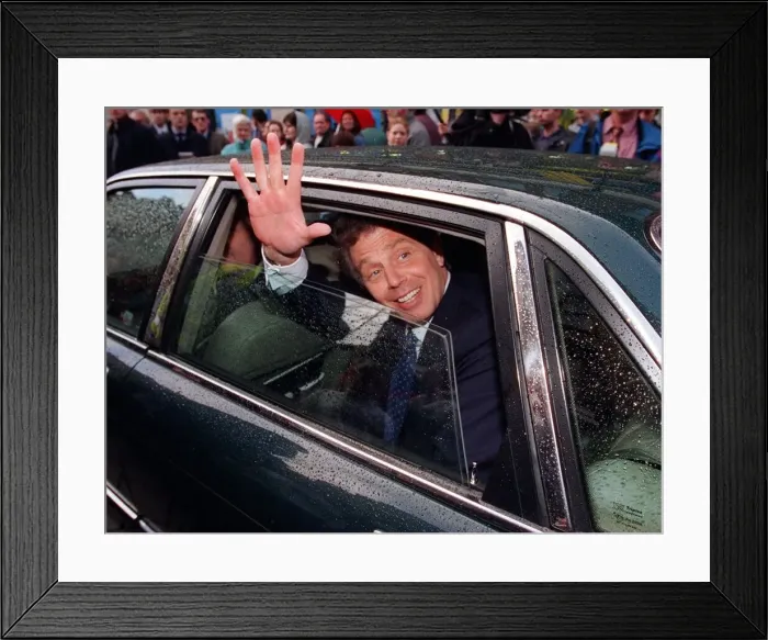 Framed Print : Tony Blair waving from inside car while in Stirling. 1990s Framed Print : Tony Blair waving from inside car while in Stirling. 1990s