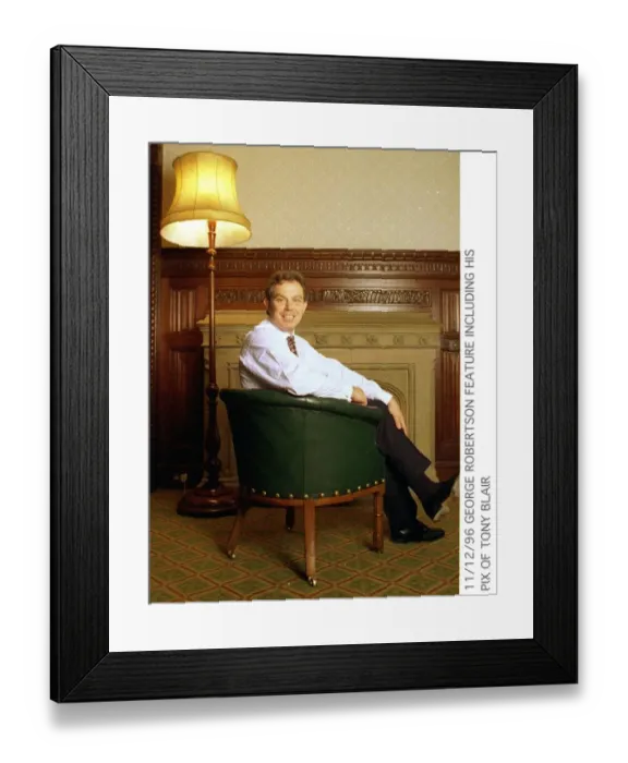 Framed Print : Tony Blair MP sitting in green chair under lamp picture taken by George Robertson. 1996