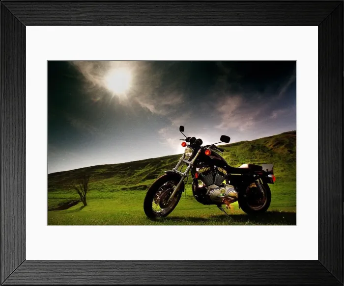 Framed Print : Harley Davidson motorbike sitting in field June 1998 sun shining dark skies Framed Print : Harley Davidson motorbike sitting in field June 1998 sun shining dark skies
