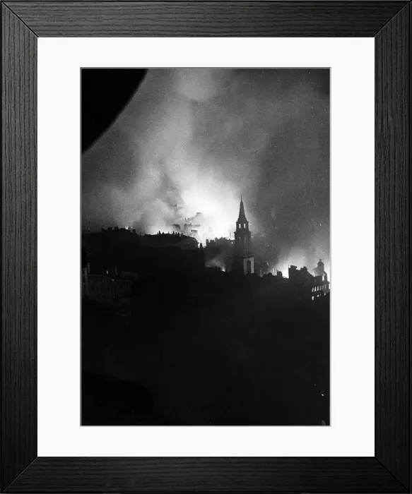Framed Print : Burning Biuldings after a blitz bombing Framed Print : Burning Biuldings after a blitz bombing