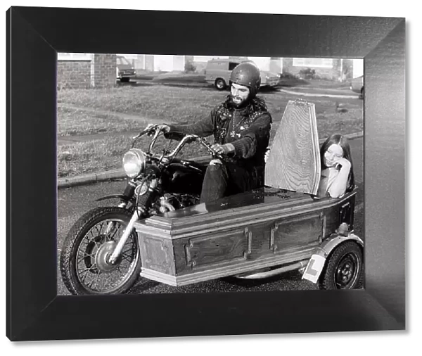 Motor Bike and Sidecar. Dave Phillips od Russington, Sussex has fitted a coffin as a