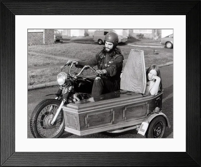 Framed Print : Motor Bike and Sidecar. Dave Phillips od Russington, Sussex has fitted a coffin as a Framed Print : Motor Bike and Sidecar. Dave Phillips od Russington, Sussex has fitted a coffin as a