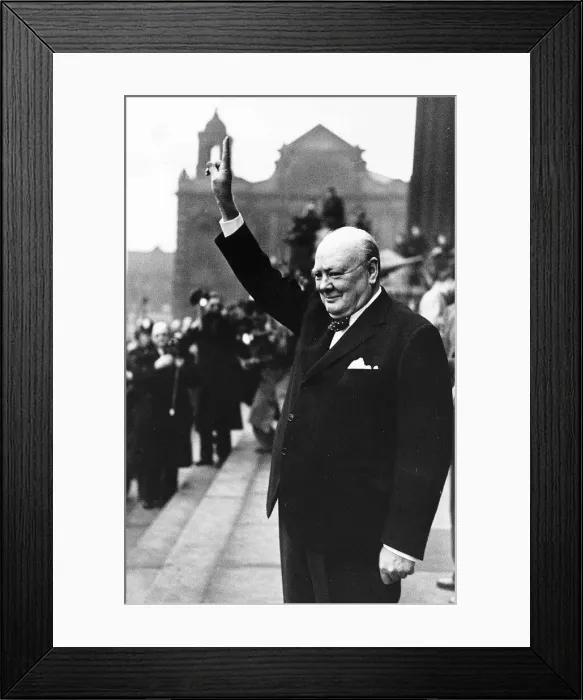 Framed Print : Winston Churchill British Prime Minister holding his fingers up in a V for victory sign