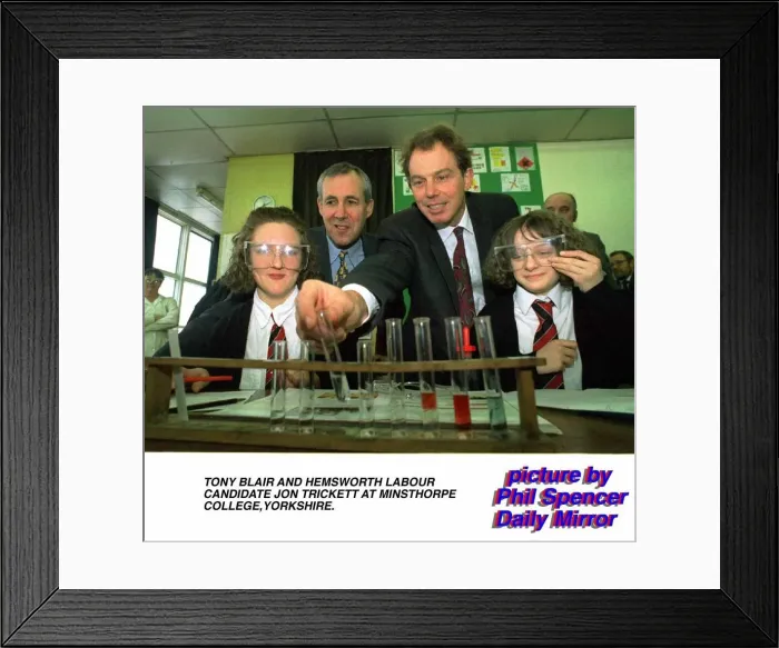 Framed Print : Tony Blair MP and Hemsworth Labour candidate Jon Trickett at Minsthorpe College in Framed Print : Tony Blair MP and Hemsworth Labour candidate Jon Trickett at Minsthorpe College in