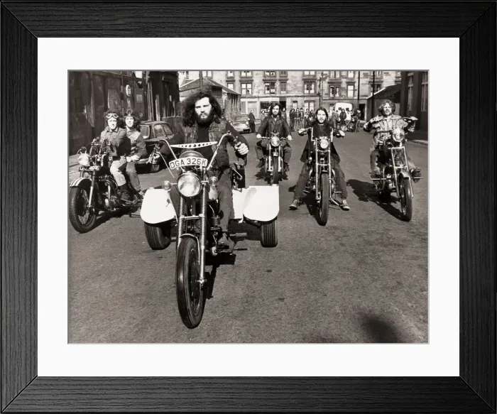 Framed Print : Transport Motorbikes. Billy Gordon of Glasgow rides his home built tricycle powered by a