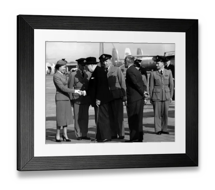 Framed Print : Kathleen Dyer, Air hostess greeting Sir Winston Churchill at London Airport Framed Print : Kathleen Dyer, Air hostess greeting Sir Winston Churchill at London Airport
