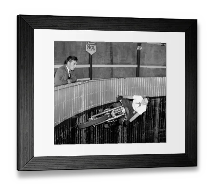 Framed Print : Juliett Mitchel Wall of Death stunt motorcycle rider Motorcycle Stunts