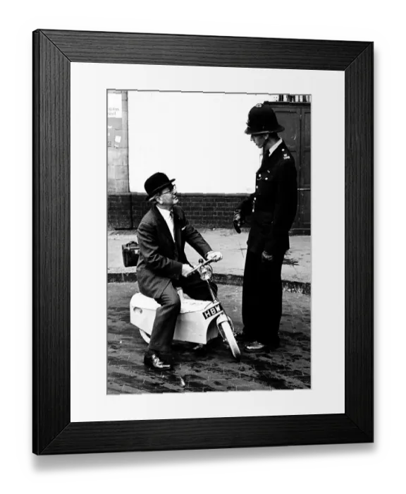 Framed Print : Motor Cycles Misc John Connell of the noise abatement society on a new silent motorbike Framed Print : Motor Cycles Misc John Connell of the noise abatement society on a new silent motorbike