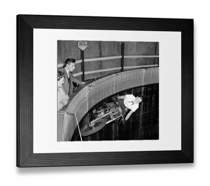 Framed Print : Juliett Mitchel Wall of Death stunt motorcycle rider Motorcycle Stunts