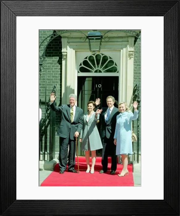 Framed Print : Bill and Hilary Clinton visit Tony and Cherie Blair at 10 Downing Street. May 1997 Framed Print : Bill and Hilary Clinton visit Tony and Cherie Blair at 10 Downing Street. May 1997