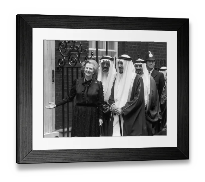 Framed Print : Margaret Thatcher June 1981 stands outside 10 Downing Street with King Khaled of Saudi Framed Print : Margaret Thatcher June 1981 stands outside 10 Downing Street with King Khaled of Saudi