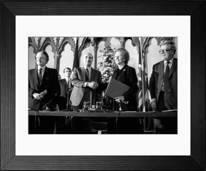 Framed Print : Margaret Thatcher signs Channel Agreement Feb 1986 with Francois Mitterrand Framed Print : Margaret Thatcher signs Channel Agreement Feb 1986 with Francois Mitterrand