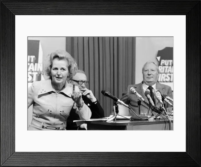Framed Print : Margaret Thatcher, October 1974, election press conference with Edward Heath Framed Print : Margaret Thatcher, October 1974, election press conference with Edward Heath