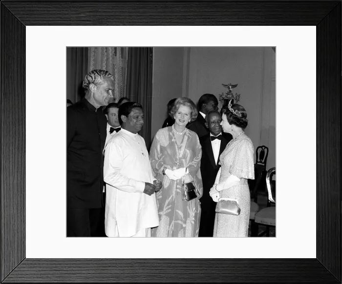 Framed Print : Queen Elizabeth and Margaret Thatcher in Zambia on an official visit. August 1979 Framed Print : Queen Elizabeth and Margaret Thatcher in Zambia on an official visit. August 1979