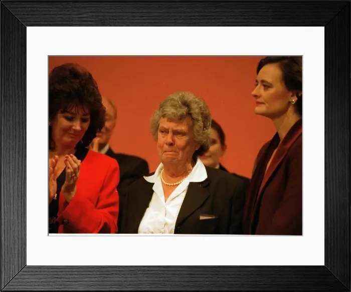Framed Print : Mary Wilson widow of Harold Wilson being comforted by Cherie Blair wife of Tony Blair Framed Print : Mary Wilson widow of Harold Wilson being comforted by Cherie Blair wife of Tony Blair