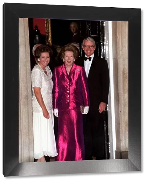 Margaret Thatcher with John Major MP Prime Minister and wife Norma Major outside 10