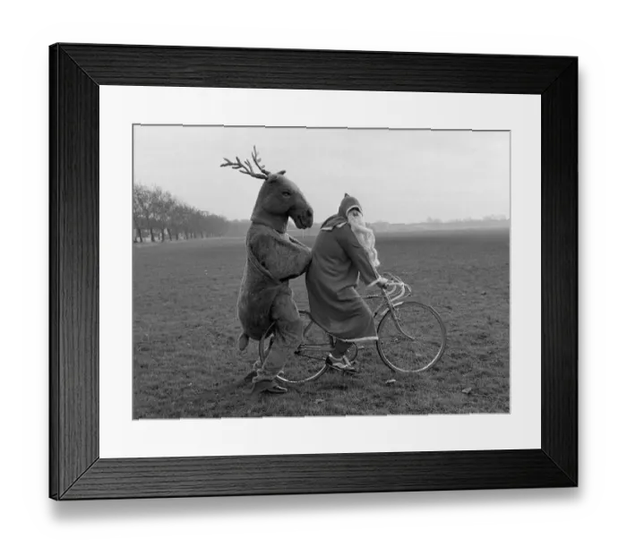 Framed Print : Father Christmas and his Rudolf the Reindeer - bike stunt A©Mirrorpix circa 1980