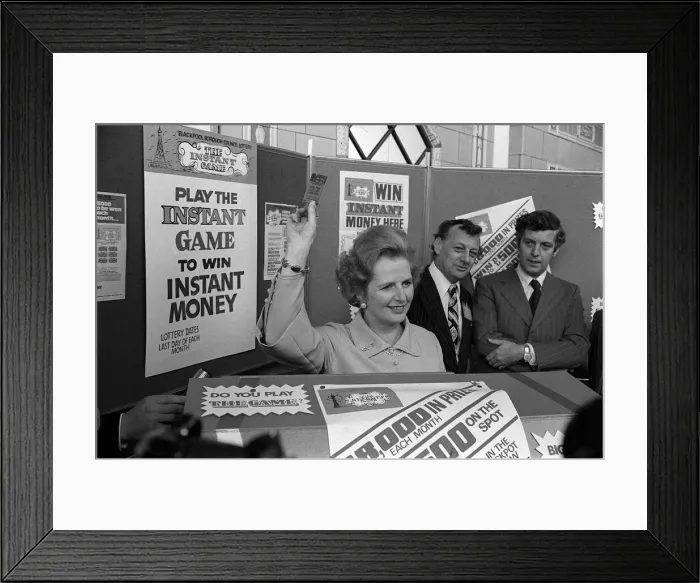 Framed Print : Margaret Thatcher October 1977 holds up an instant game ticket at the Conservative Party Framed Print : Margaret Thatcher October 1977 holds up an instant game ticket at the Conservative Party