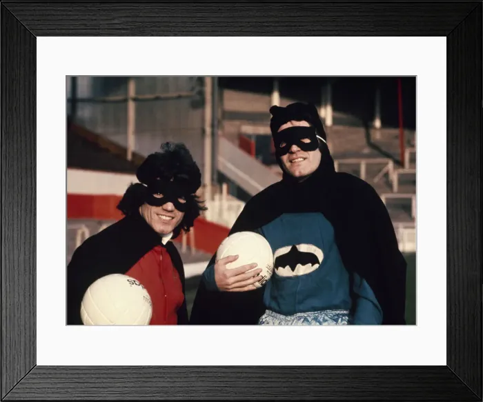 Framed Print : Liverpool stars Kevin Keegan and John Toshack dressed as Robin Framed Print : Liverpool stars Kevin Keegan and John Toshack dressed as Robin