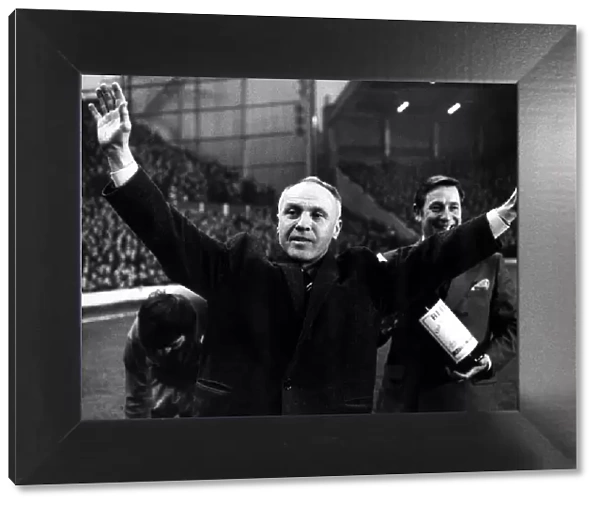 Liverpool manager Bill Shankly acknowledges the applause of the fans cheers as he is