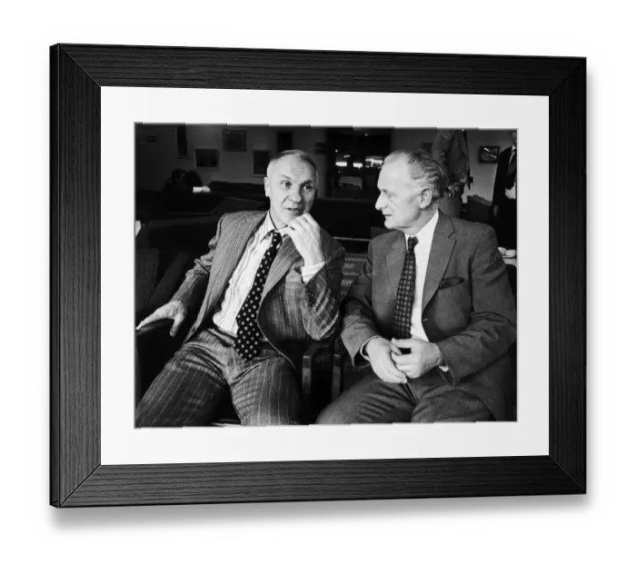Framed Print : Liverpool manager Bill Shankly talking with former player Tom Finney. Circa 1970