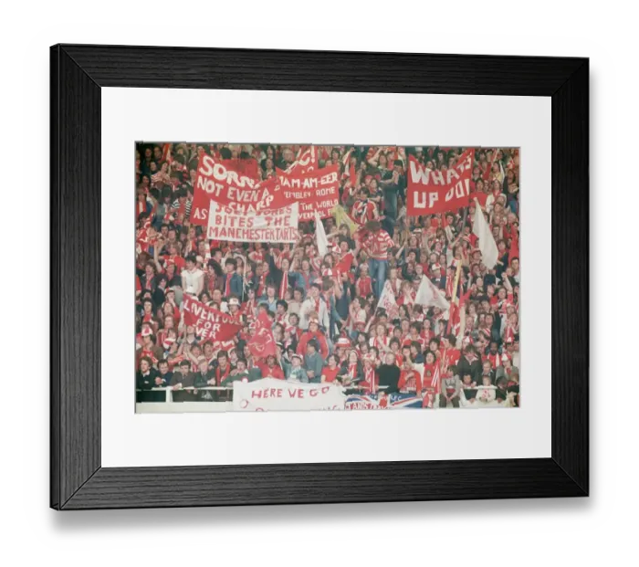 Framed Print : FA Cup Final 1977 Liverpool v Manchester United football fans supporters banners flags