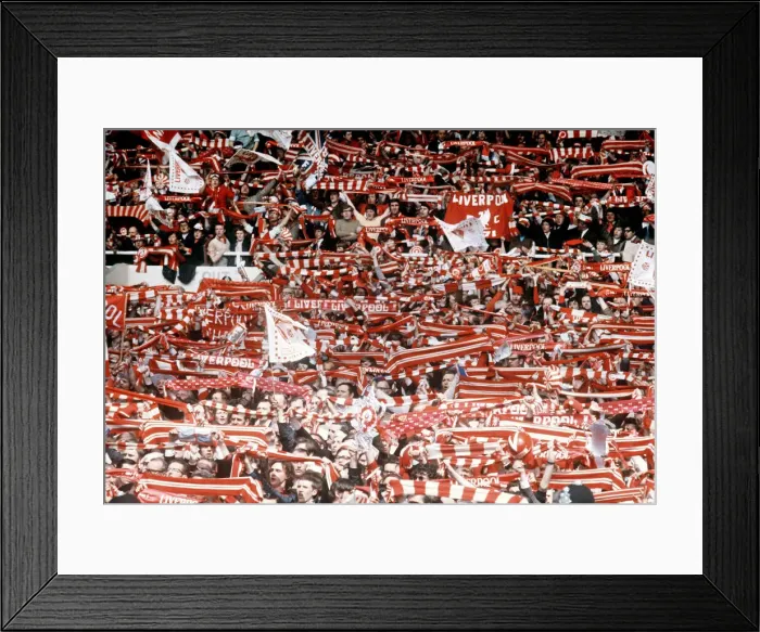 Framed Print : Liverpool fans FA Cup final 1971 Arsenal Liverpool football supporters waving scarves