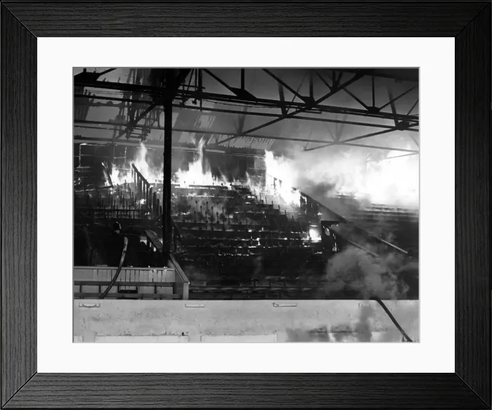 Framed Print : Firemen tackle a blaze at Coventry City Football Stadium, Highfield Road