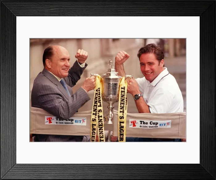 Framed Print : Ally MCCoist and Robert Duvall August 1999 with the Scottish Cup are looking for football