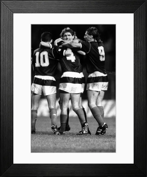 Framed Print : Scotland players celebrating Paul McStay goal October 1987