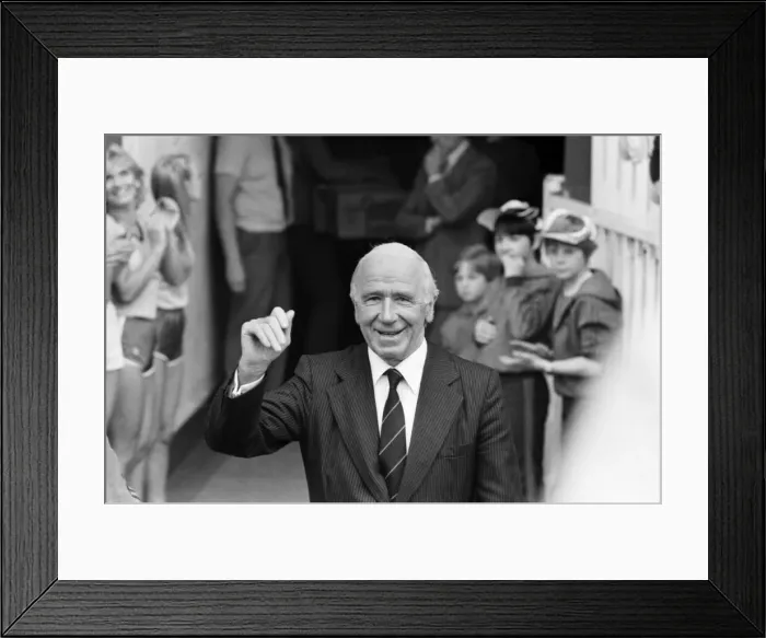 Framed Print : Manchester United 2 v. Stoke City 0. Division 1 Football. Sir Matt Busby waves to fans Framed Print : Manchester United 2 v. Stoke City 0. Division 1 Football. Sir Matt Busby waves to fans