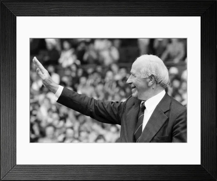 Framed Print : Manchester United 2 v. Stoke City 0. Division 1 Football. Sir Matt Busby waves to fans Framed Print : Manchester United 2 v. Stoke City 0. Division 1 Football. Sir Matt Busby waves to fans
