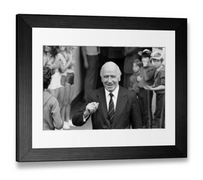 Framed Print : Manchester United 2 v. Stoke City 0. Division 1 Football. Sir Matt Busby waves to fans Framed Print : Manchester United 2 v. Stoke City 0. Division 1 Football. Sir Matt Busby waves to fans