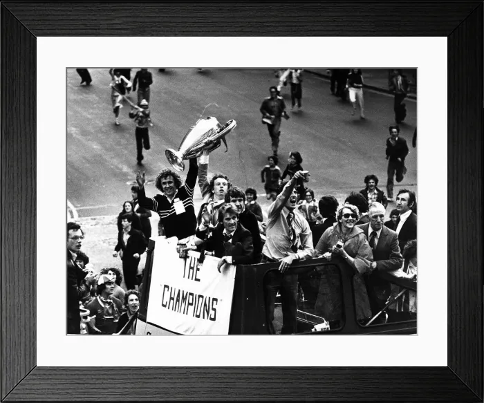 Framed Print : Liverpool football team parade on open top bus 1978 European Cup Winners against Bruges Framed Print : Liverpool football team parade on open top bus 1978 European Cup Winners against Bruges