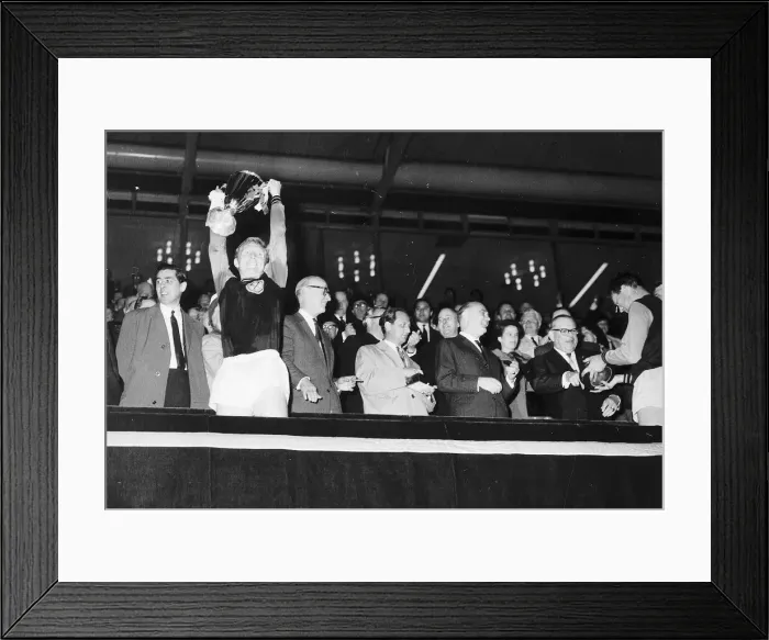 Framed Print : Bobby Moore of West Ham United holds cup aloft 1965 after European Cup Winners Cup Framed Print : Bobby Moore of West Ham United holds cup aloft 1965 after European Cup Winners Cup