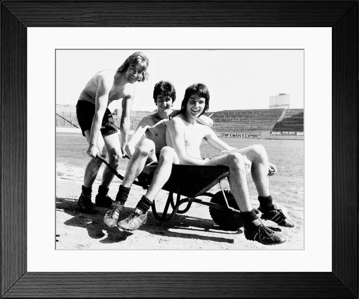 Framed Print : Partick Thistle football players Rough Houston and Hansen playing with wheelbarrow Framed Print : Partick Thistle football players Rough Houston and Hansen playing with wheelbarrow