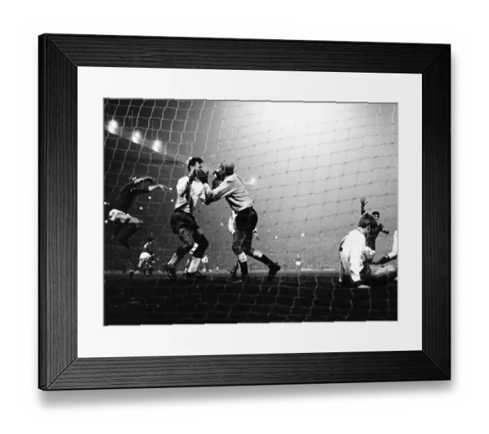 Framed Print : Bobby Charlton jumps after Brian Kidd goal 1968 Manchester United against Gornik