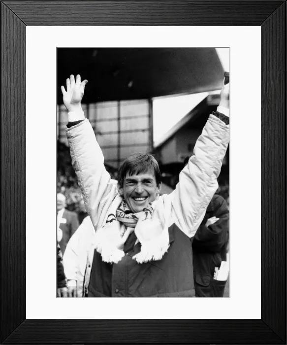 Framed Print : Kenny Dalglish manager Liverpool FC with arms in the air raised scarf around neck