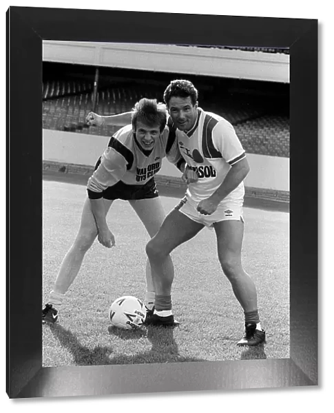 Derek Hatton MP with actor Tom Watts practice for 1987 charity football match