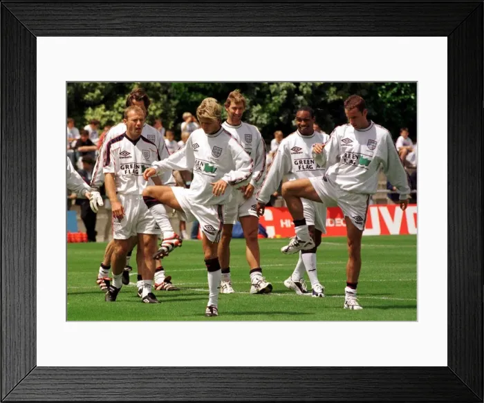 Framed Print : David Beckham and England players training June 1998 in France as they Framed Print : David Beckham and England players training June 1998 in France as they
